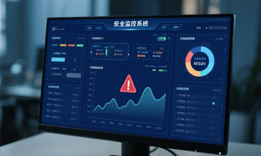一个电脑屏幕上显示着安全监控系统界面,图中有警报提示与实时数据曲线,体现风控监测功能